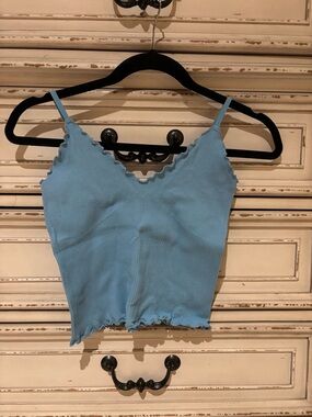 Blue Ribbed Scallop-Edge Cami Top
